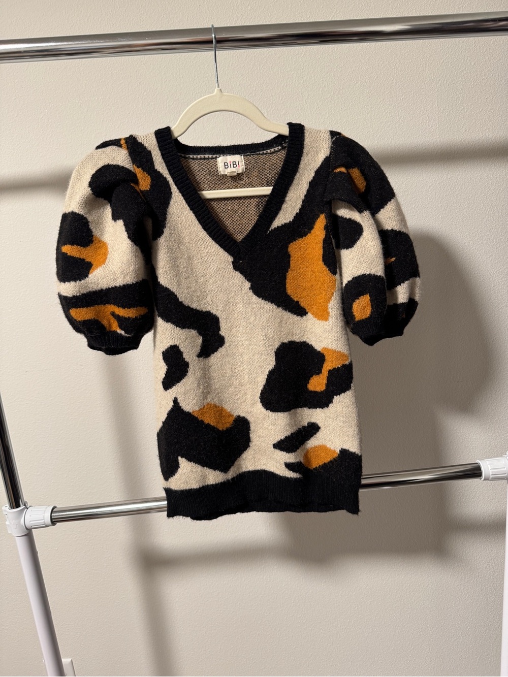 BiBi Cream V-Neck Sweater with Black and Mustard Leopard Print
